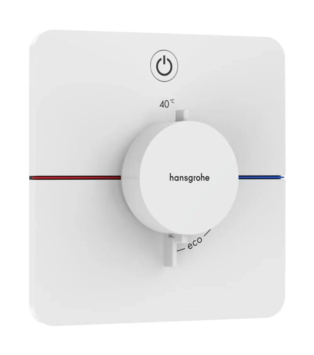 Weißer Thermostat von Hansgrohe mit temperaturgeregeltem Drehregler und Eco-Funktion. Rot und blau markierte Temperaturanzeigen. Power-Schalter oben.